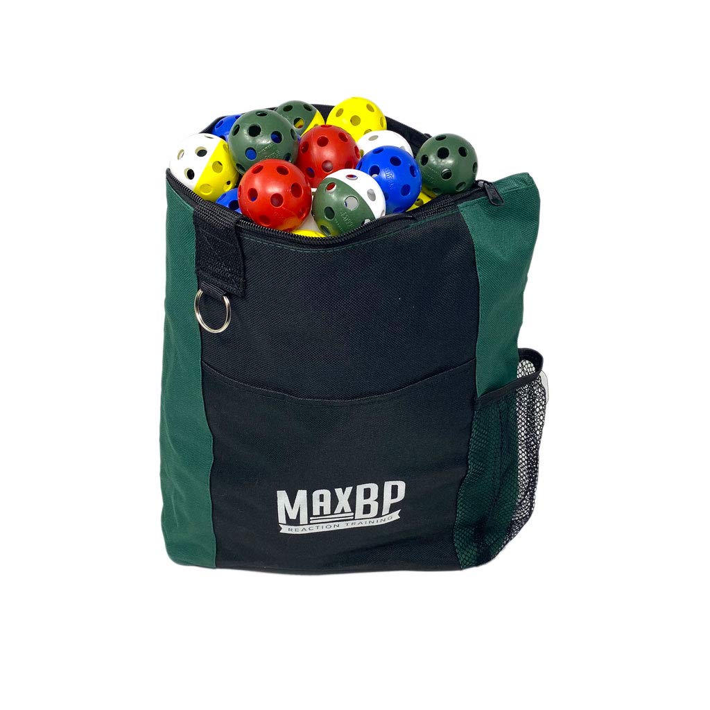 MaxBP ball bag stores over 120 golf-ball-sized training balls for organized practice sessions.