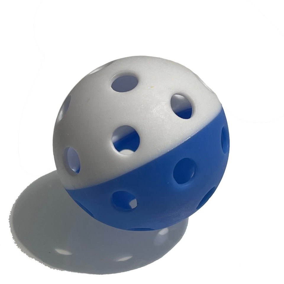 MaxBP golf-size training ball split white blue for focused practice and fast-hand coordination