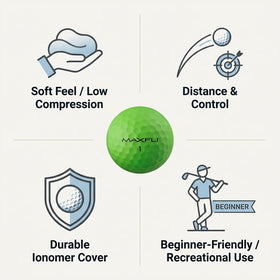 Maxfli SoftFli ionomer cover closeup shows durability for practice and rounds.