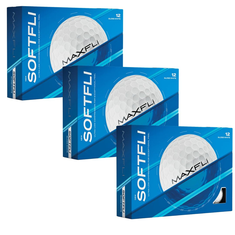Maxfli SoftFli gloss white ball pack enhances visibility mid-flight.