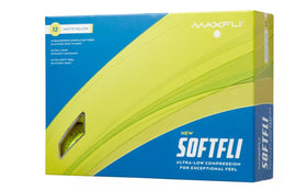 Maxfli Softfli Matte Yellow golf balls 12-pack on bright surface for high visibility