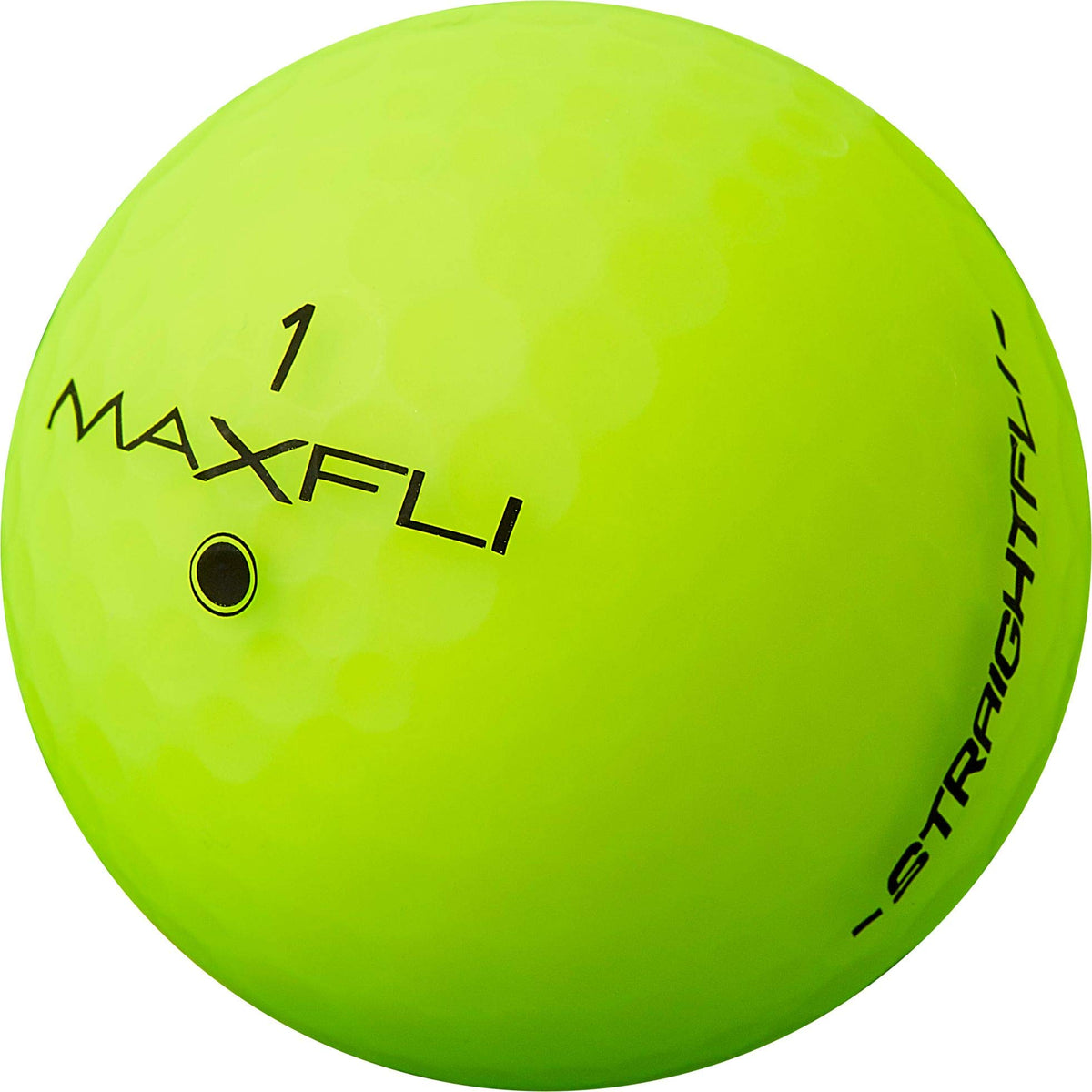 Maxfli StraightFli matte green golf ball close-up on dimple pattern reducing lift and boosting accuracy.