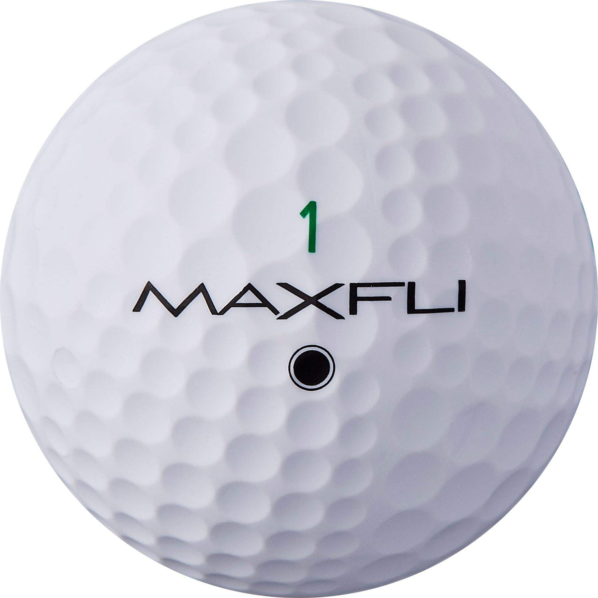 Maxfli StraightFli matte white golf ball on tee, promoting straighter flights and greenside feel.
