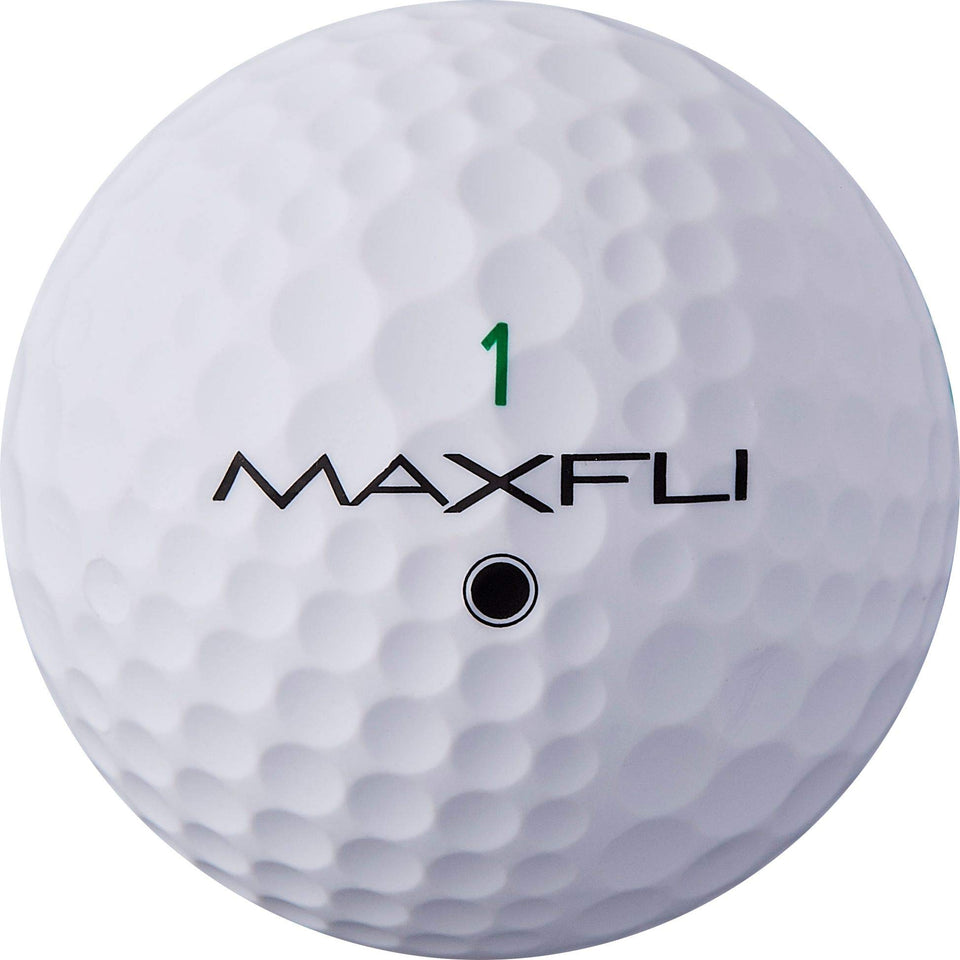 Maxfli StraightFli matte white golf ball on tee, promoting straighter flights and greenside feel.