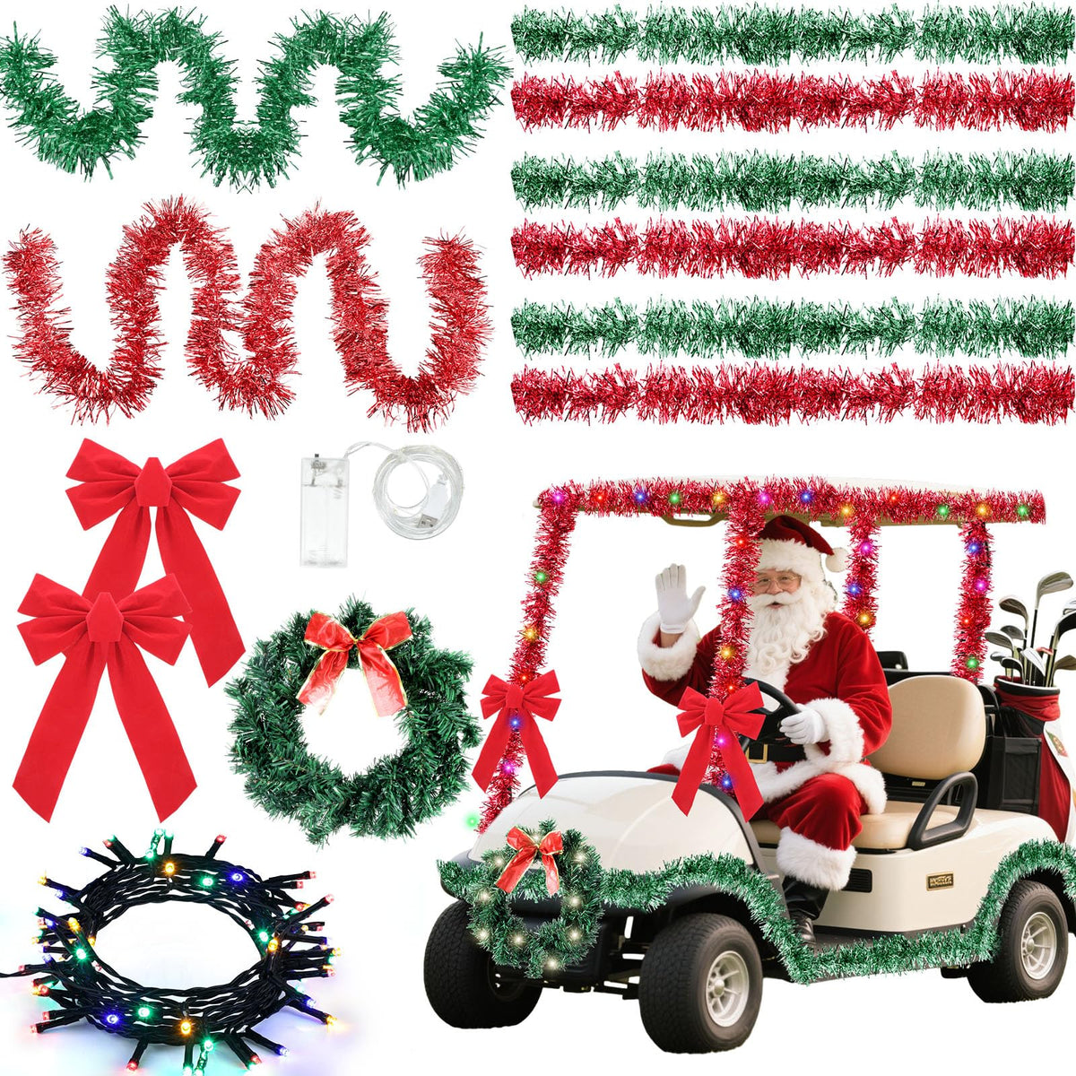Maysing Christmas wreath with LED lights mounted on a golf cart for festive curb appeal.