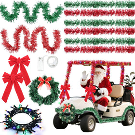 Maysing Christmas wreath with LED lights mounted on a golf cart for festive curb appeal.
