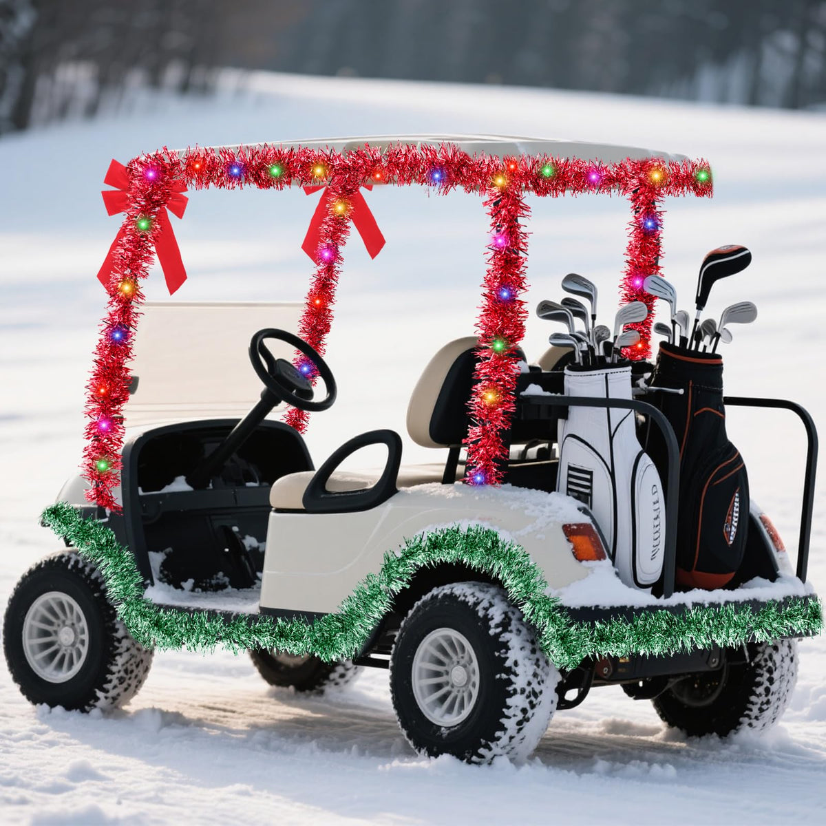 Maysing fluffy tinsel garlands decorate outdoor golf cart edges with sparkle.