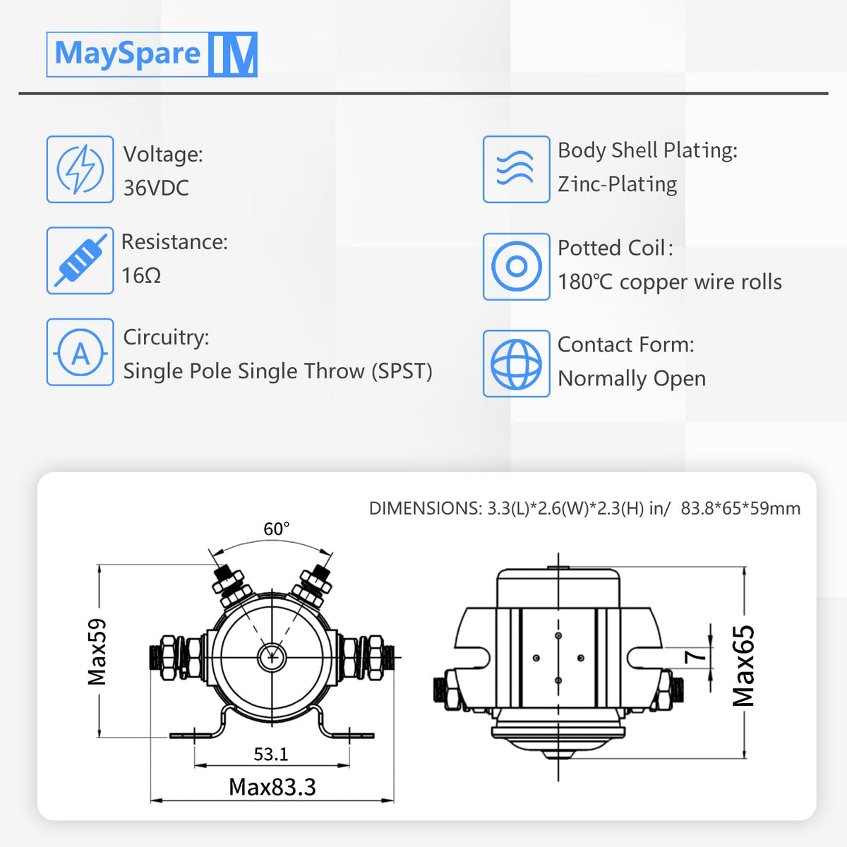 MaySpare EZGO solenoid side profile highlights rugged housing and mounting versatility.