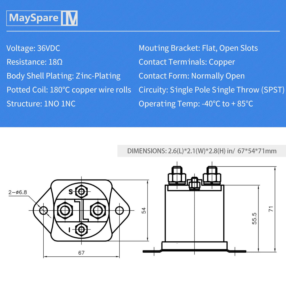 MaySpare 36V solenoid side view shows four-terminal design for durable connections.