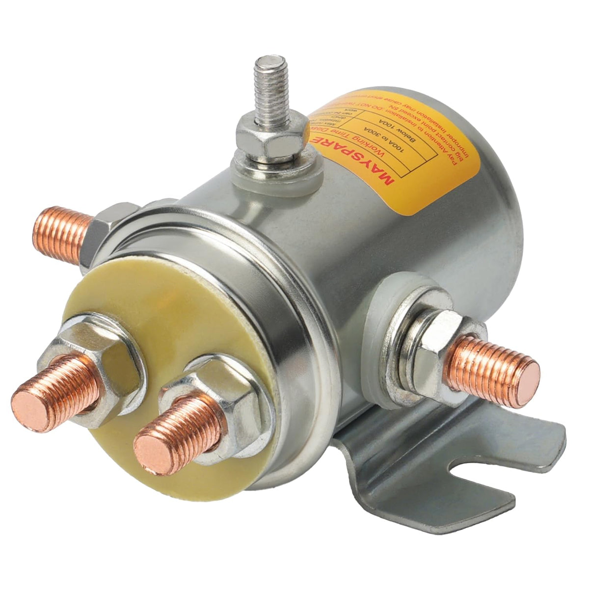 MaySpare 5-terminal solenoid relay front view, rugged build for winch reliability.