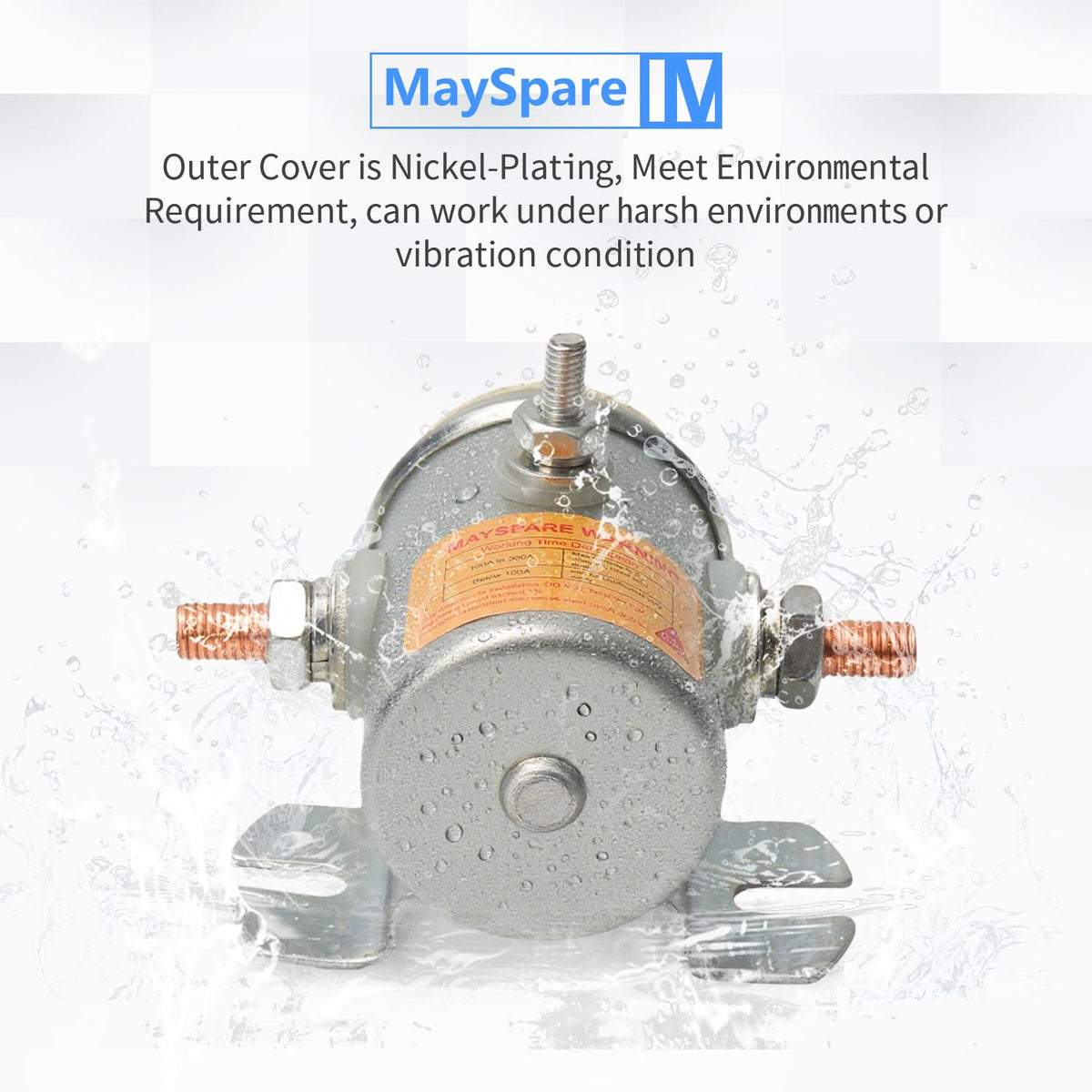 MaySpare solenoid relay steel housing highlights sturdy construction for harsh conditions.