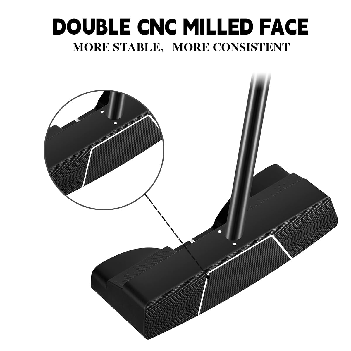 MAZEL 34-inch putter shows alignment line for precise aim.