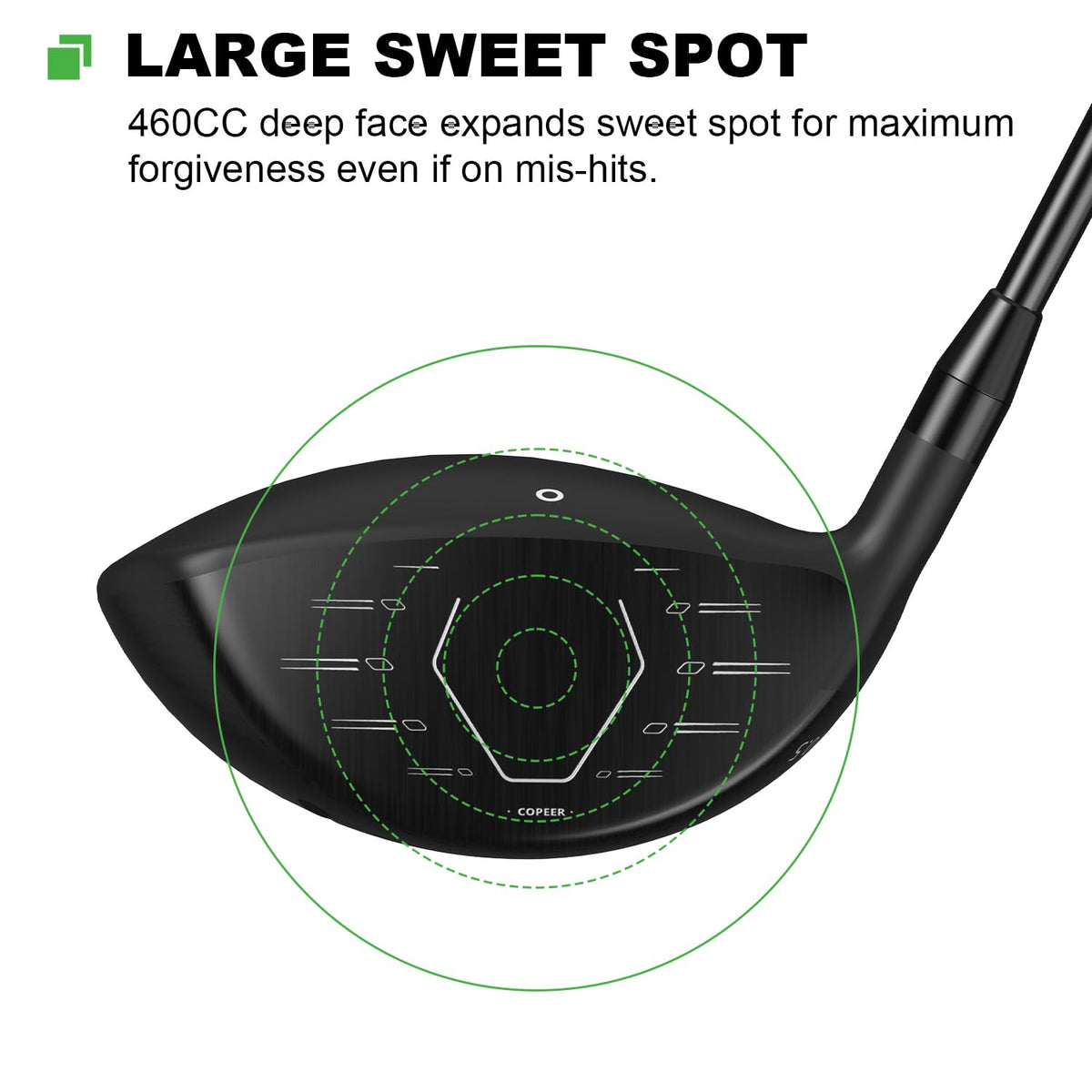 MAZEL driver face closeup highlights CNC Cup Face for faster ball speed.