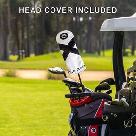 MAZEL driver on a tee ready for a confident, centered swing.