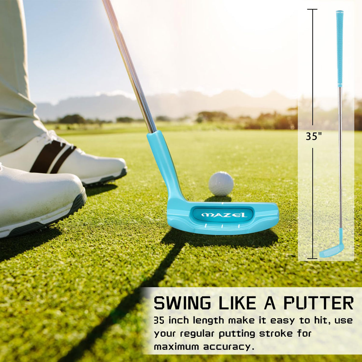 MAZEL putter-length wedge enables a smooth putting-stroke rhythm for control.