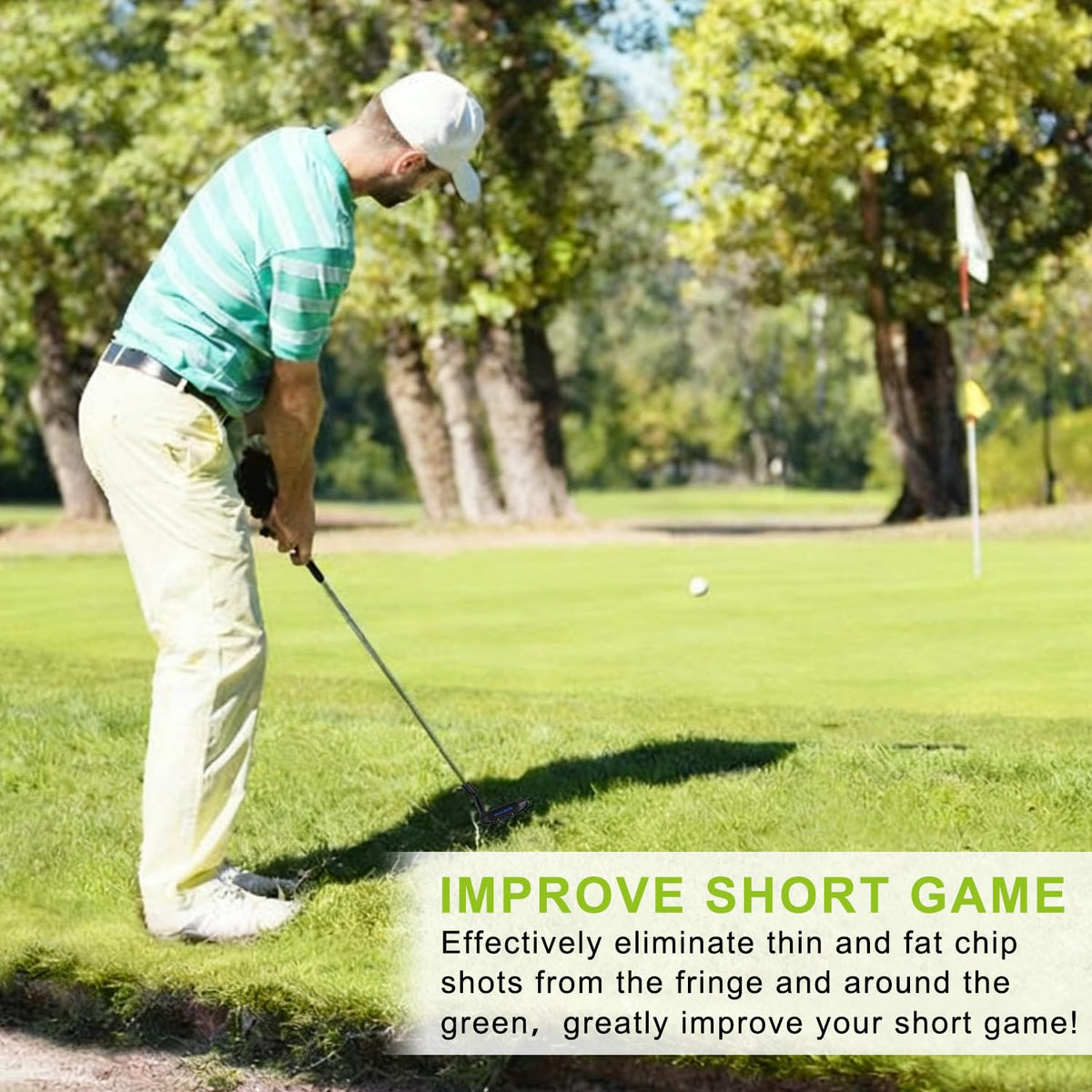 MAZEL chipper in hand on the green demonstrates quick, controlled chip shots
