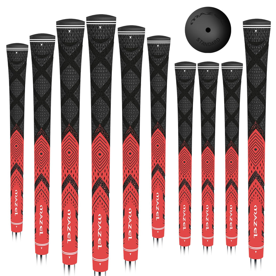 MAZEL cord rubber golf grips pack of 10 in red and black for a secure all-weather grip