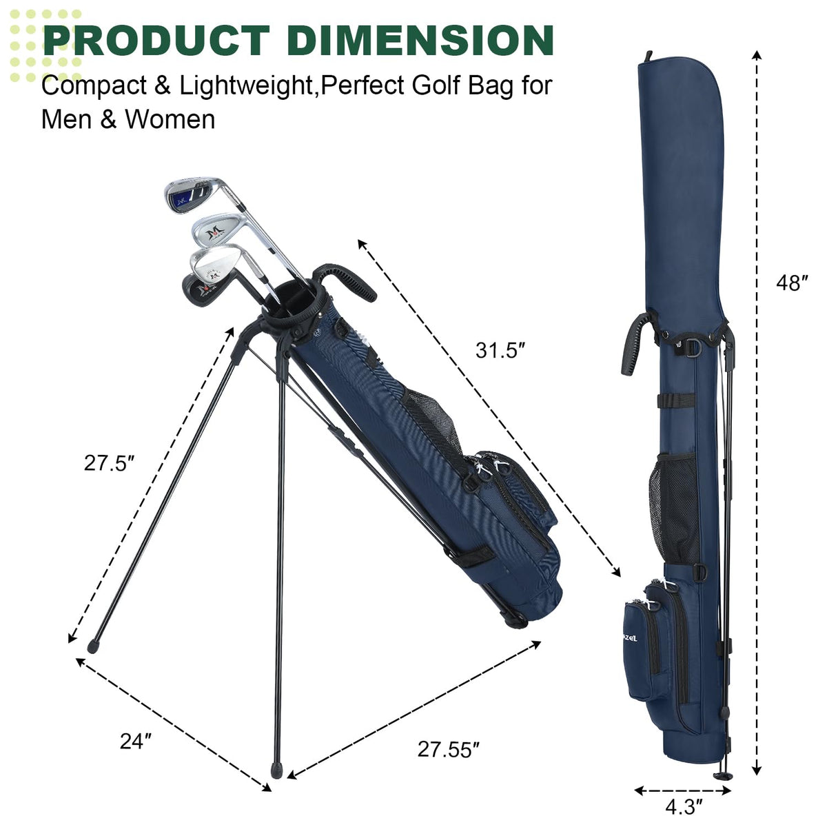 MAZEL golf bag dimensions 33.5-in tall and fits up to eight clubs.