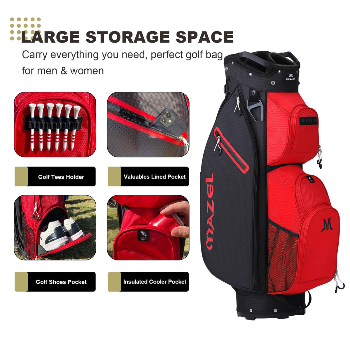 MAZEL cart bag shows 9 pockets, including cooler pocket, for on-course storage.
