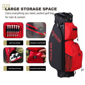 MAZEL cart bag shows 9 pockets, including cooler pocket, for on-course storage.