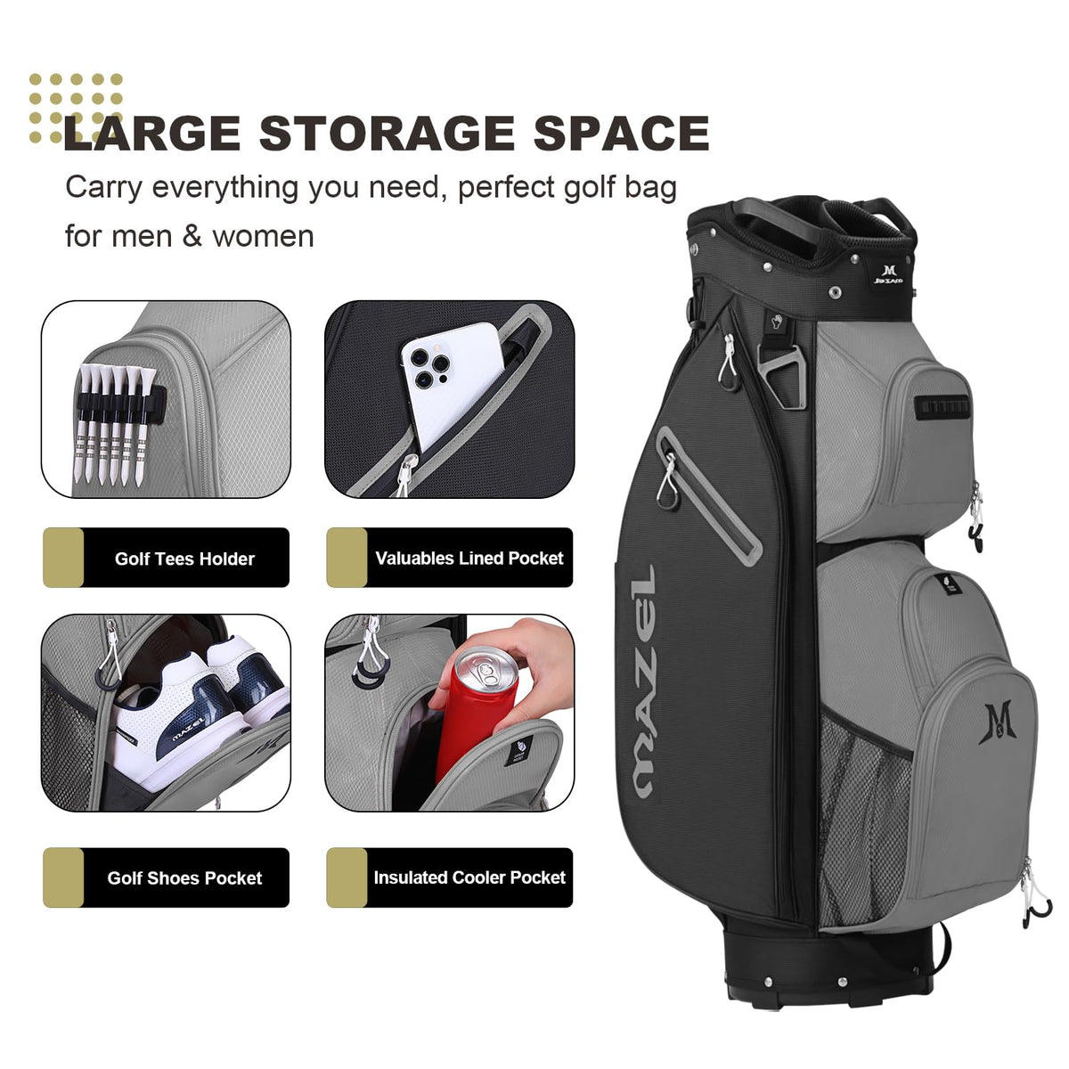 MAZEL golf cart bag offers 9 pockets for organized gear and quick access.