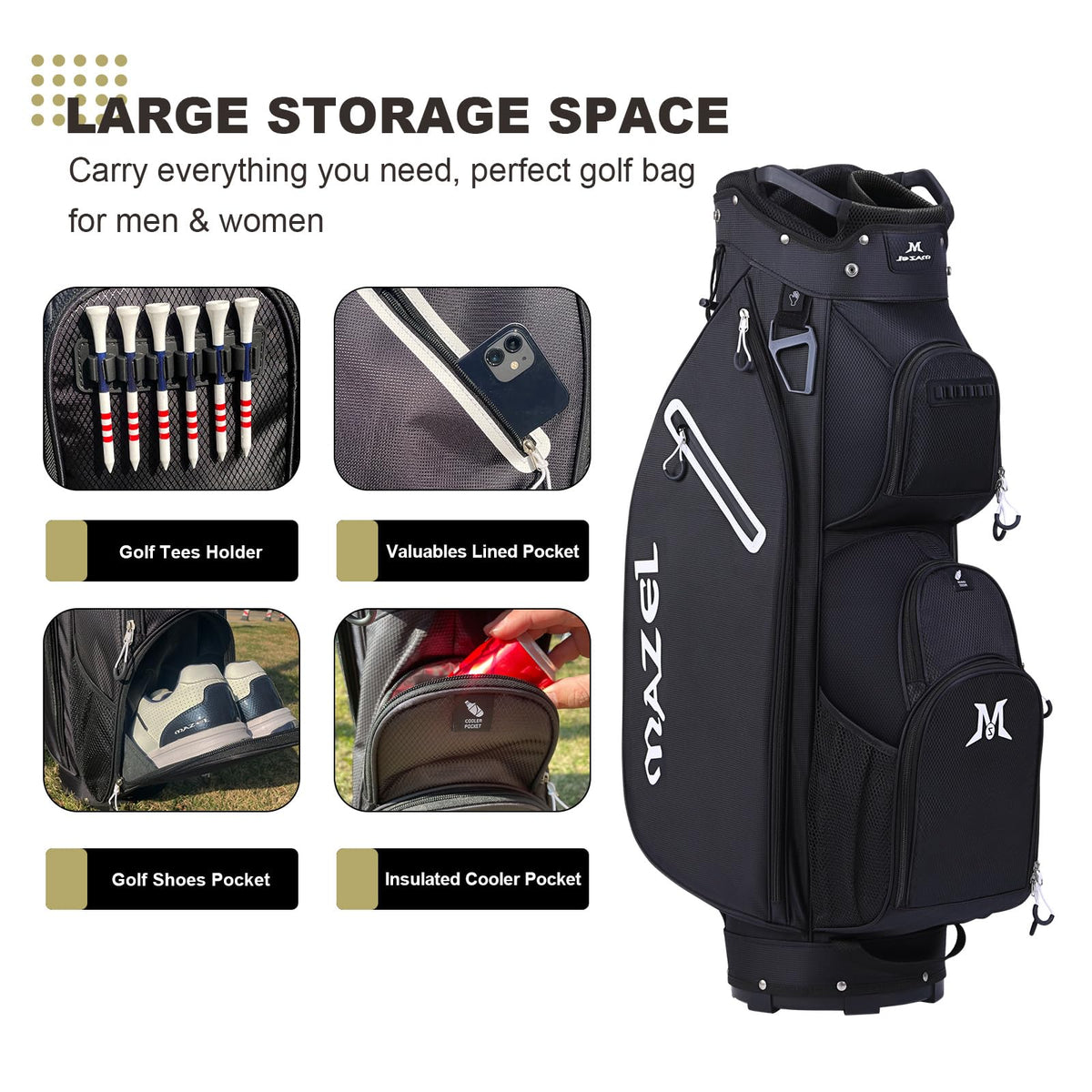 MAZEL golf cart bag with full-length dividers prevents tangling during transport.