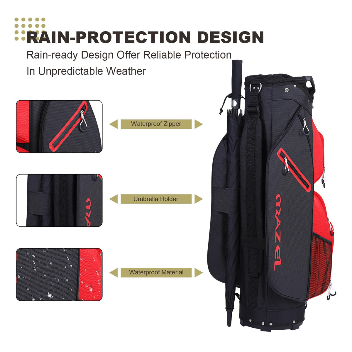 Umbrella holder keeps you ready for rain or sun protection on the course.
