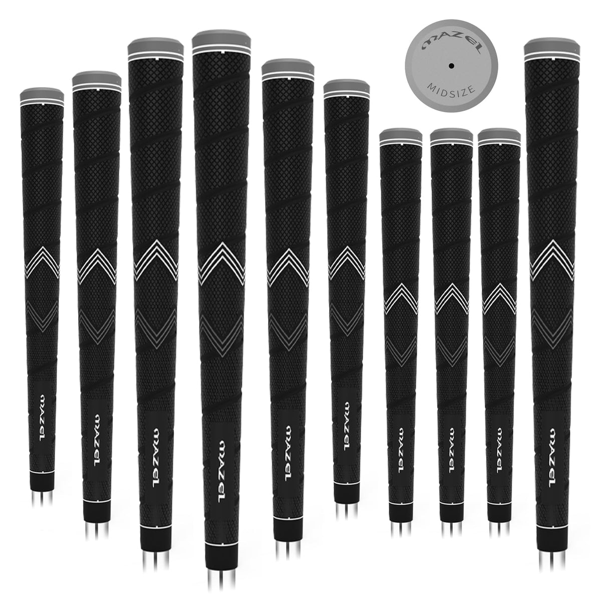 MAZEL golf grips 10-pack packaging showing all-weather control and durability.