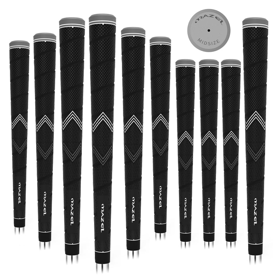 MAZEL golf grips midsize black pack with non-slip micro-texture for a secure hold.