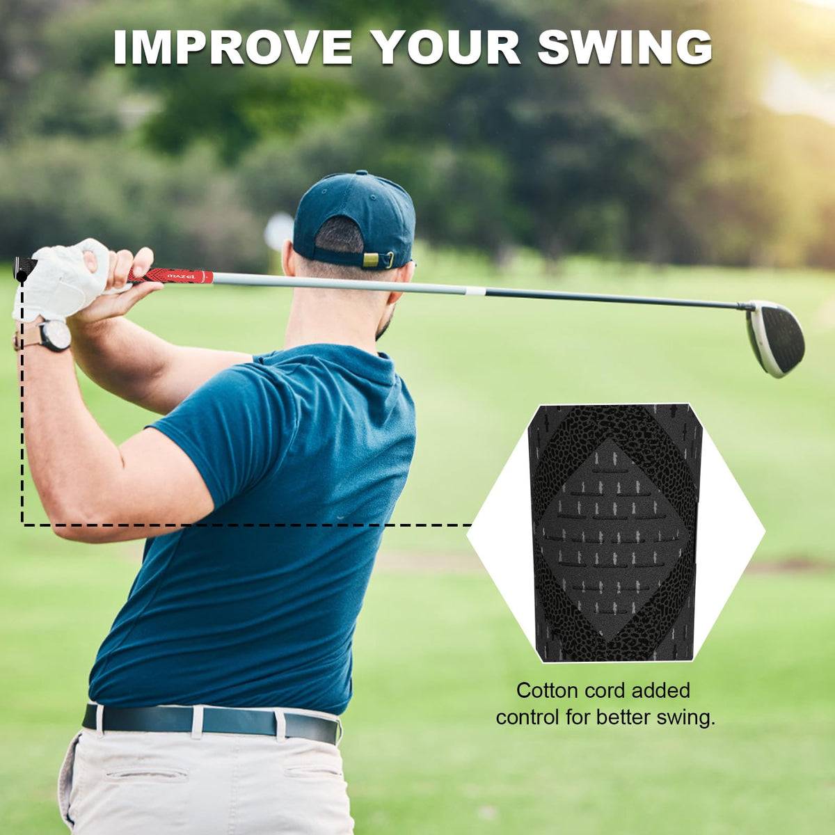 MAZEL grips installed on iron and driver clubs for enhanced confidence