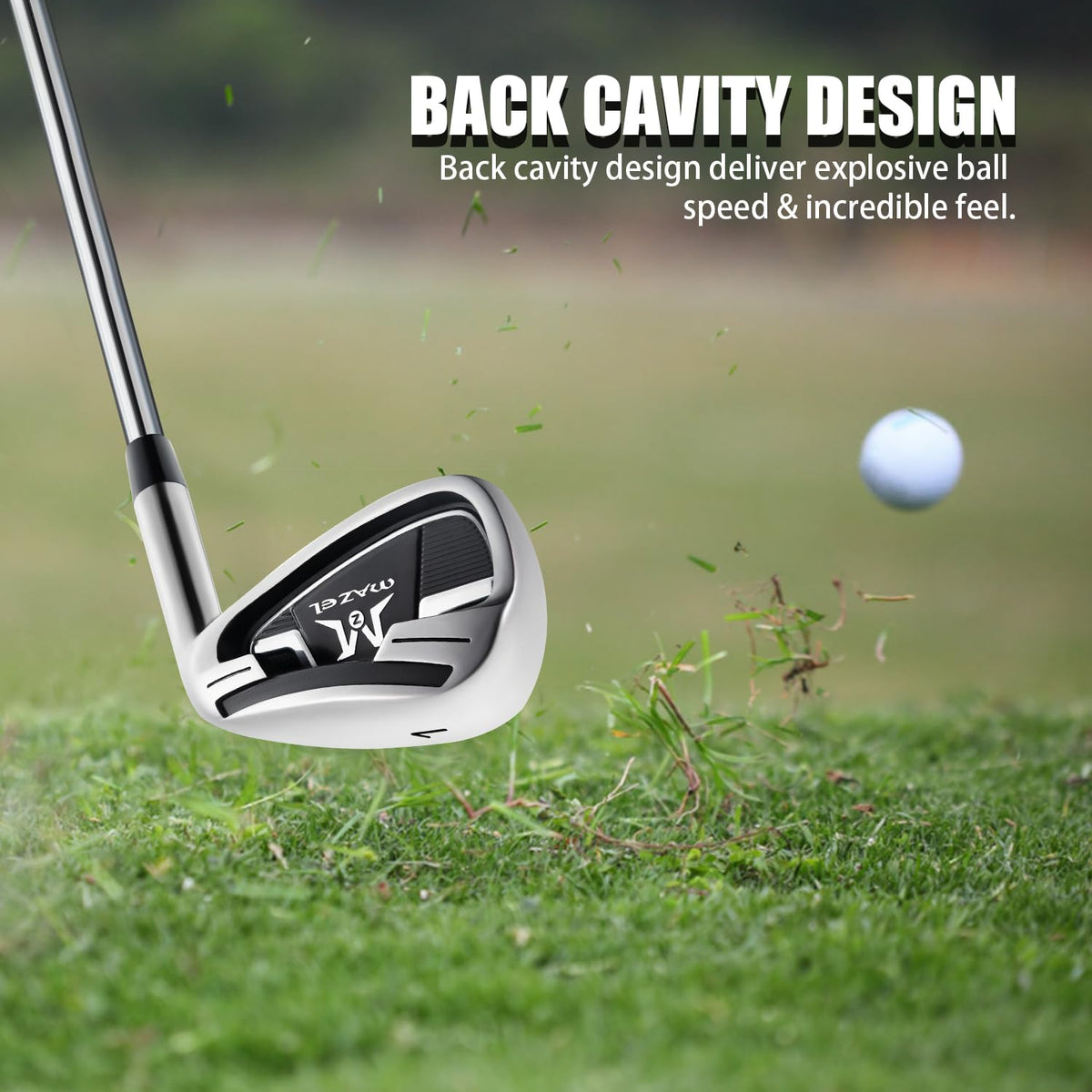 Mazel Golf Iron back cavity design emphasizes lowered CG for easy launch.
