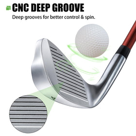 MAZEL golf iron set back view shows turf-friendly design for cleaner contact