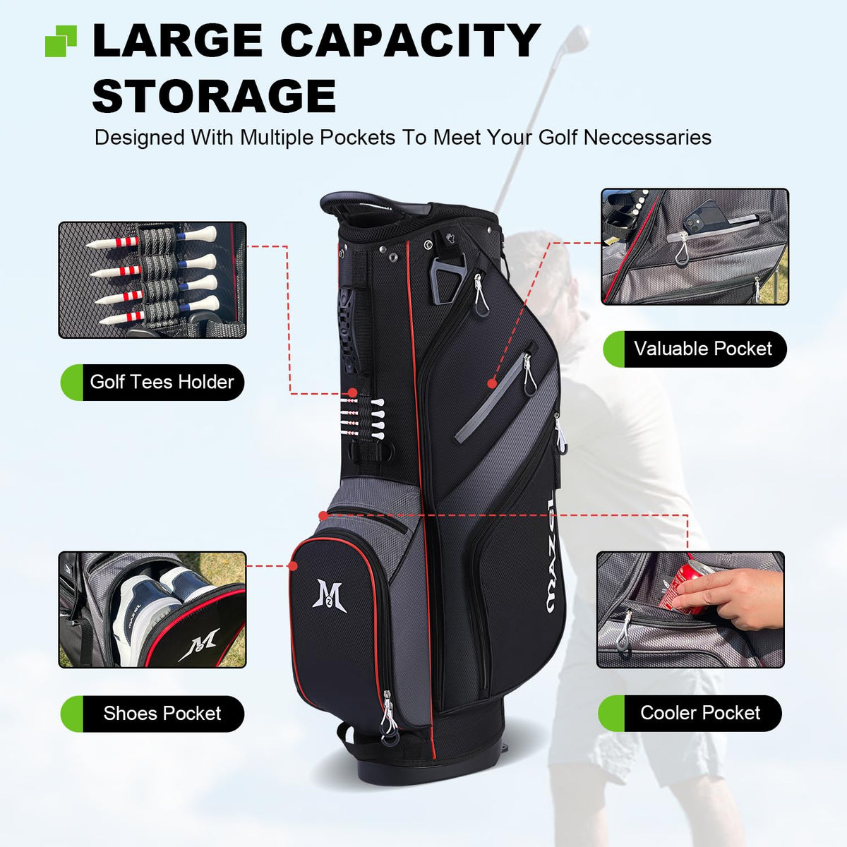 MAZEL lightweight ergonomic dual-strap supports comfortable carry on long rounds.