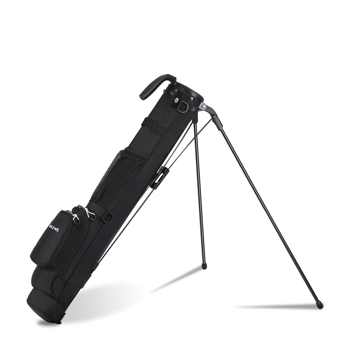 MAZEL lightweight golf bag in black, front view showing compact carry design and 2-way strap.