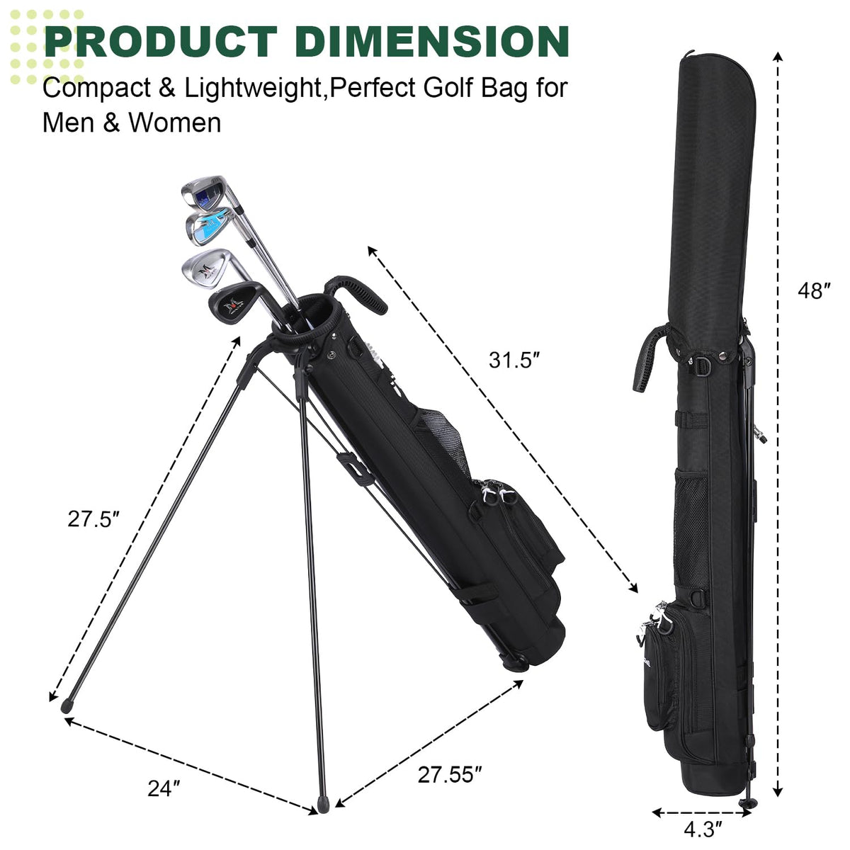MAZEL stand bag, stable legs and non-slip base on the green.