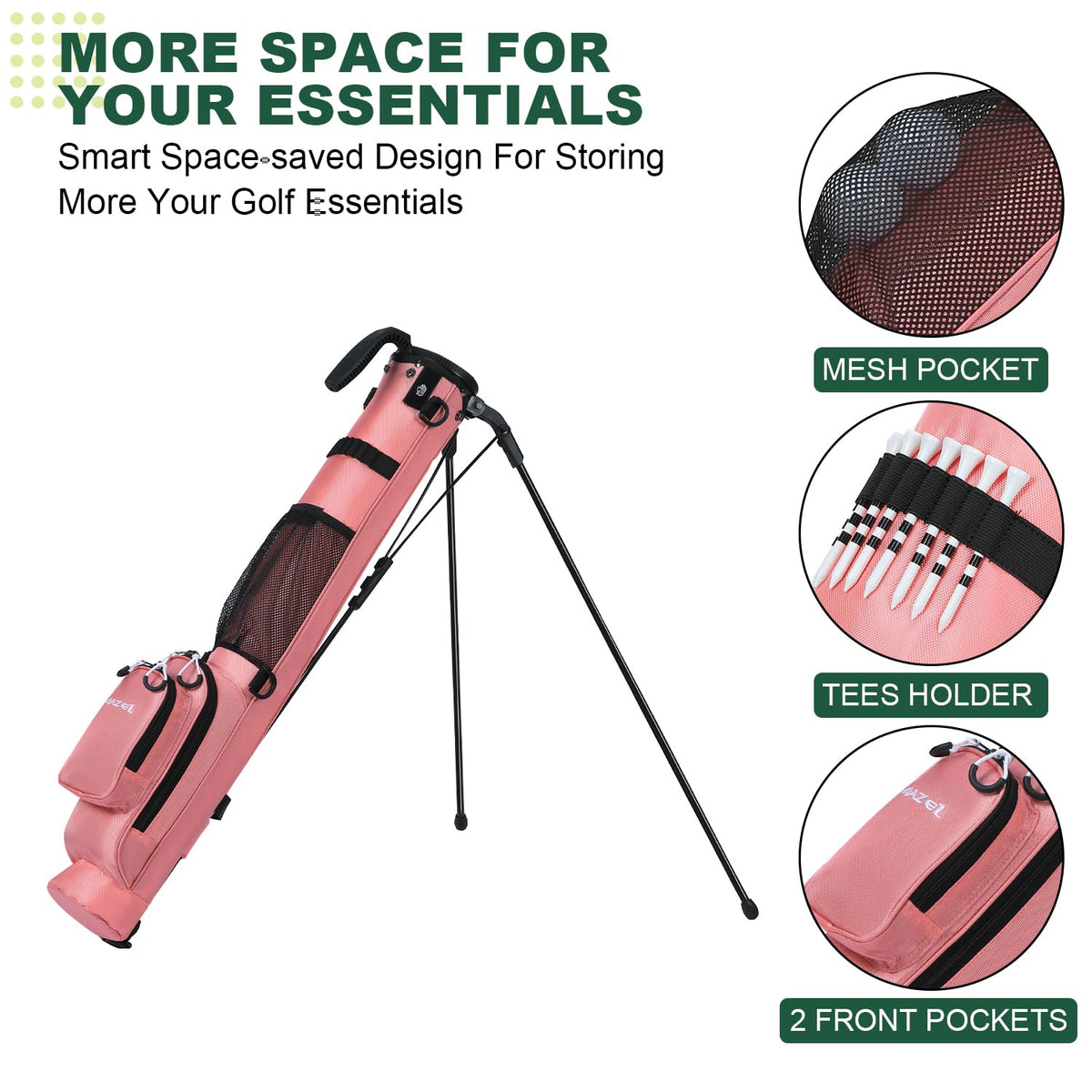 MAZEL pink golf bag stand legs deployed for stable on-course use