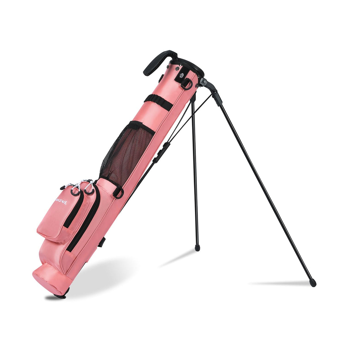 MAZEL pink golf bag top view showing compact carry and built-in stand
