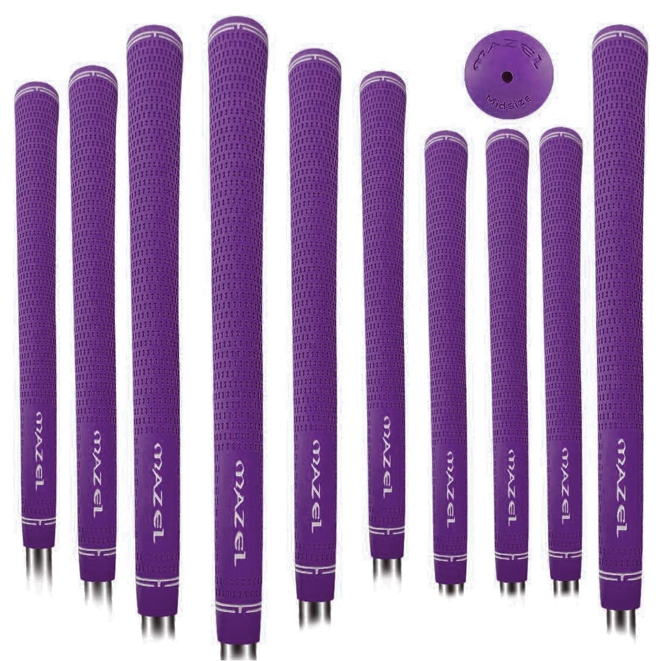 Mazel rubber golf grips 10-pack midsize purple with non-slip feel for stable swings.