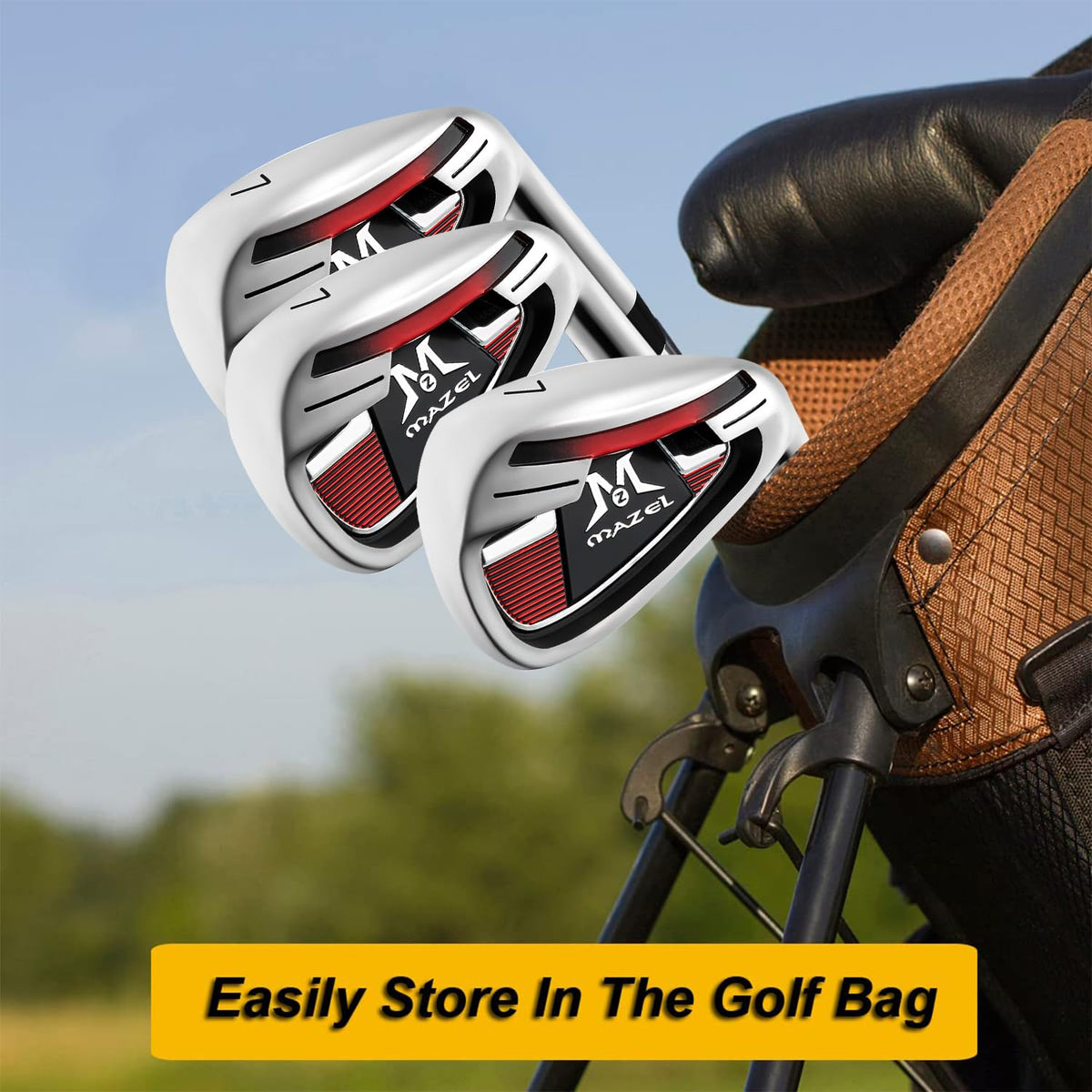 MAZEL Short 7 Iron red, ball-impact view showing improved contact potential