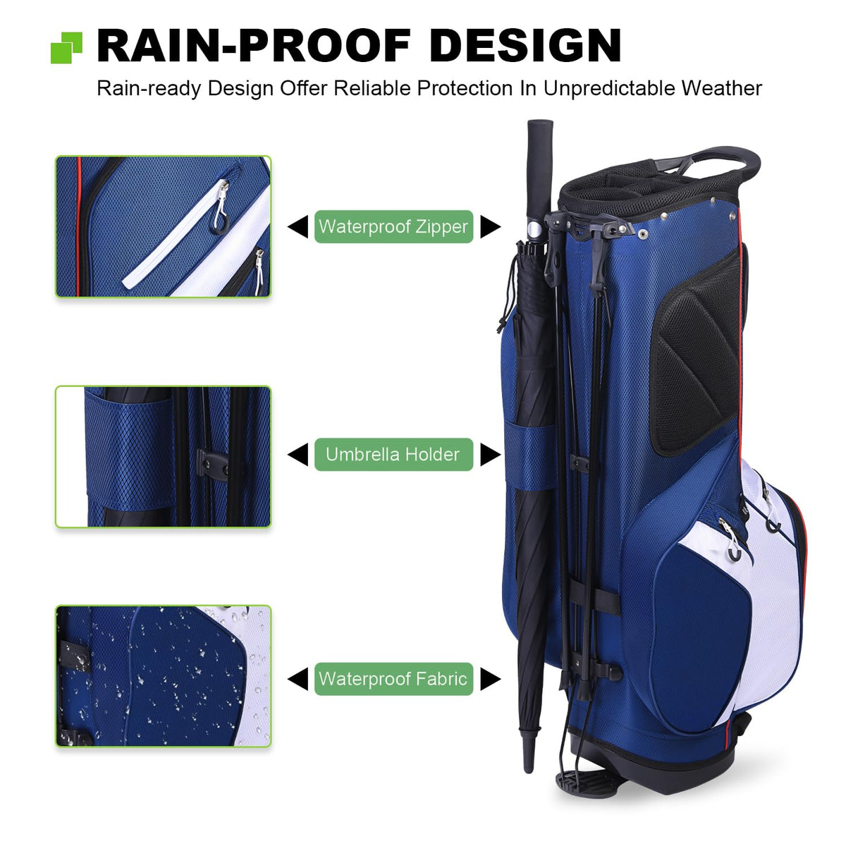 MAZEL stand bag with stable base and non-slip feet on uneven terrain