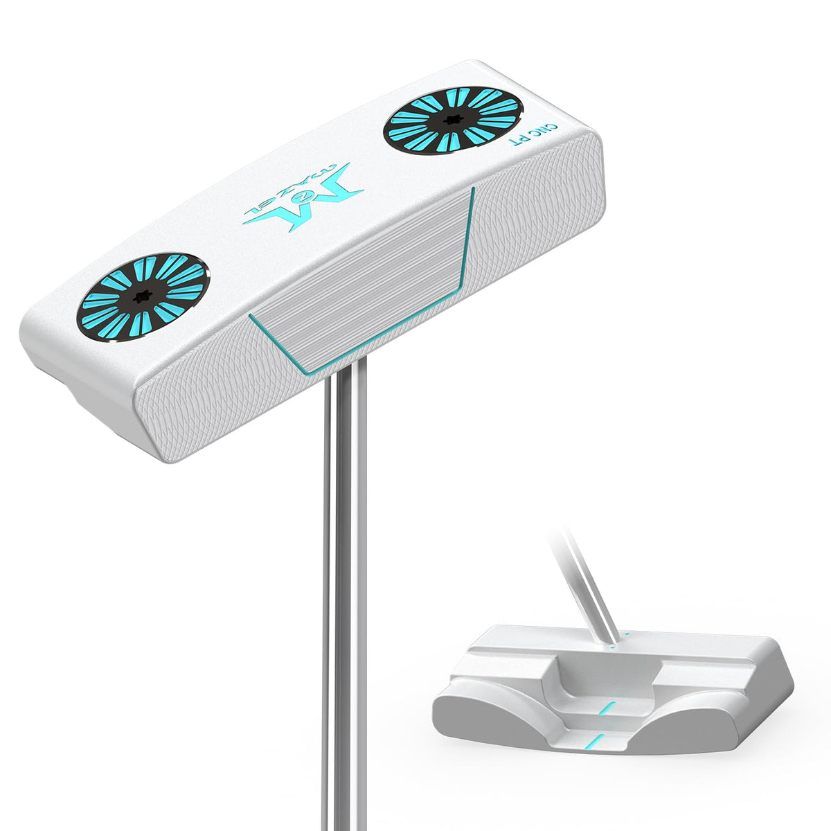 MAZEL stand-up putter with graphite shaft illustrating easy alignment and setup.