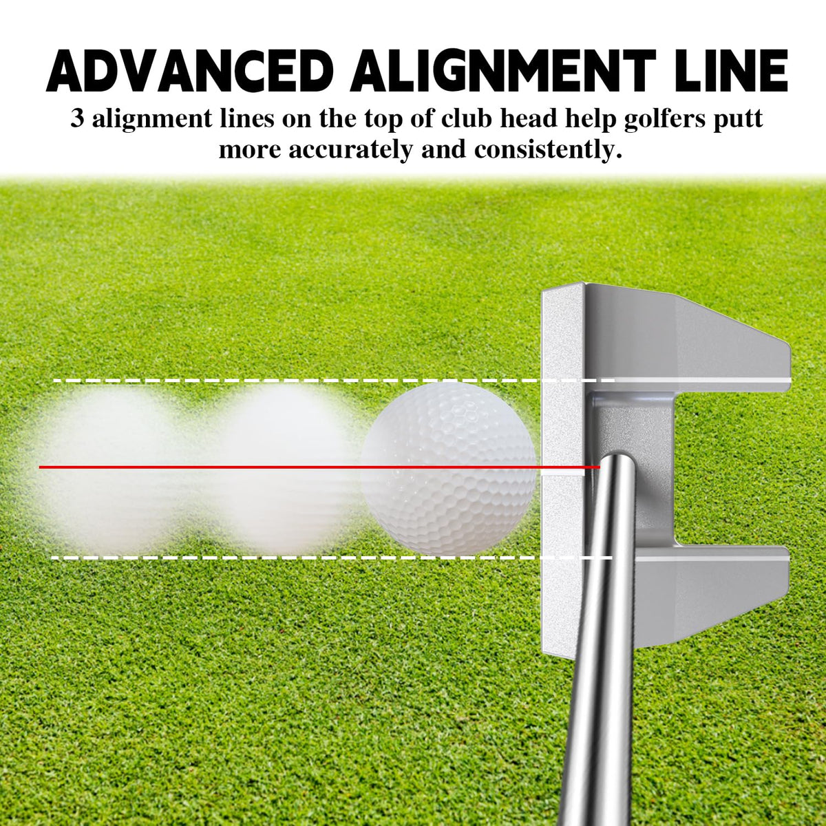 MAZEL Tour GS putter close-up showing alignment top lines for easy setup.