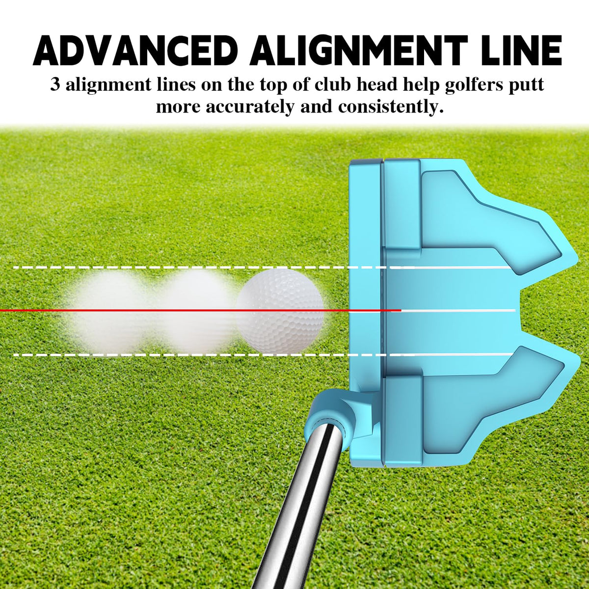 MAZEL Tour GS putter light-blue head close-up highlighting balanced feel.