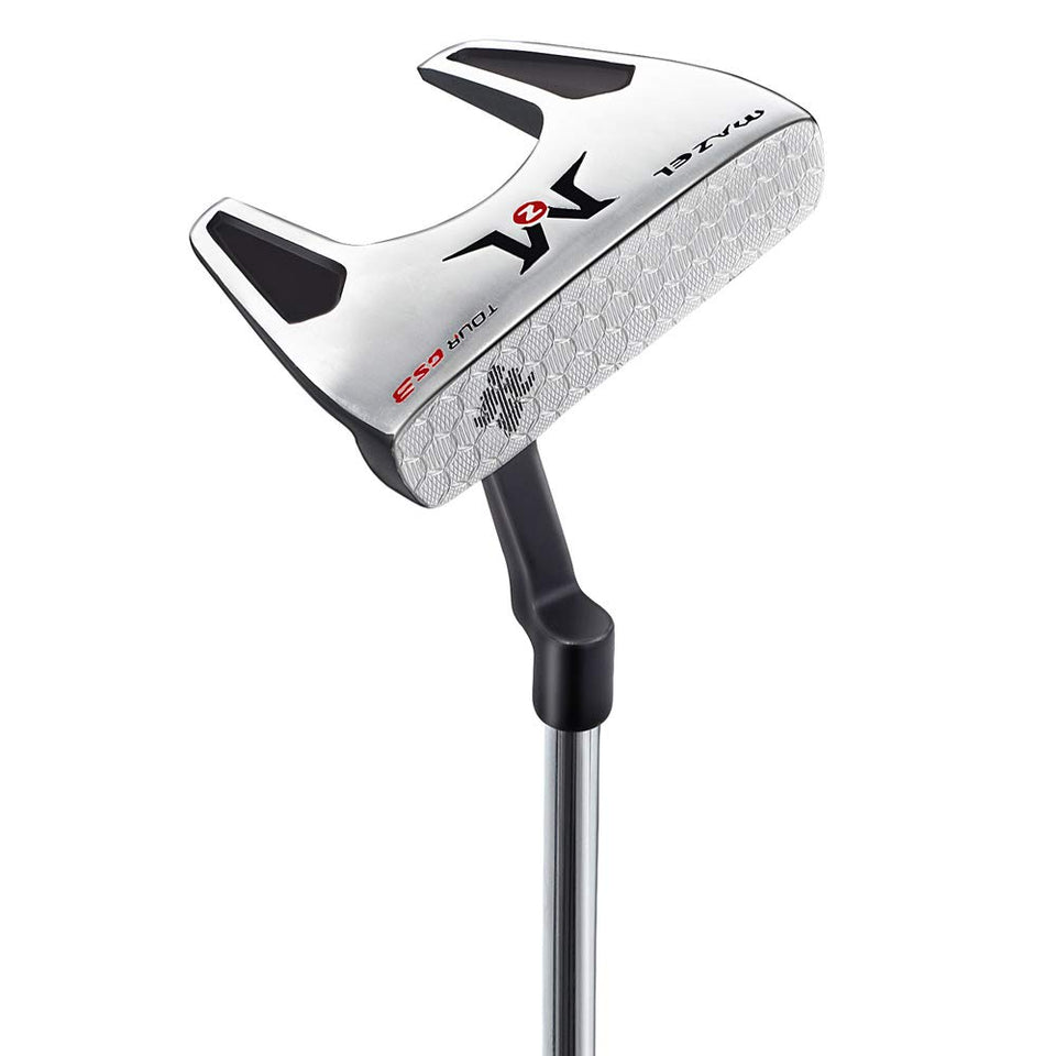 MAZEL Tour GS3 putter with blue grip shows precise alignment for consistent setup