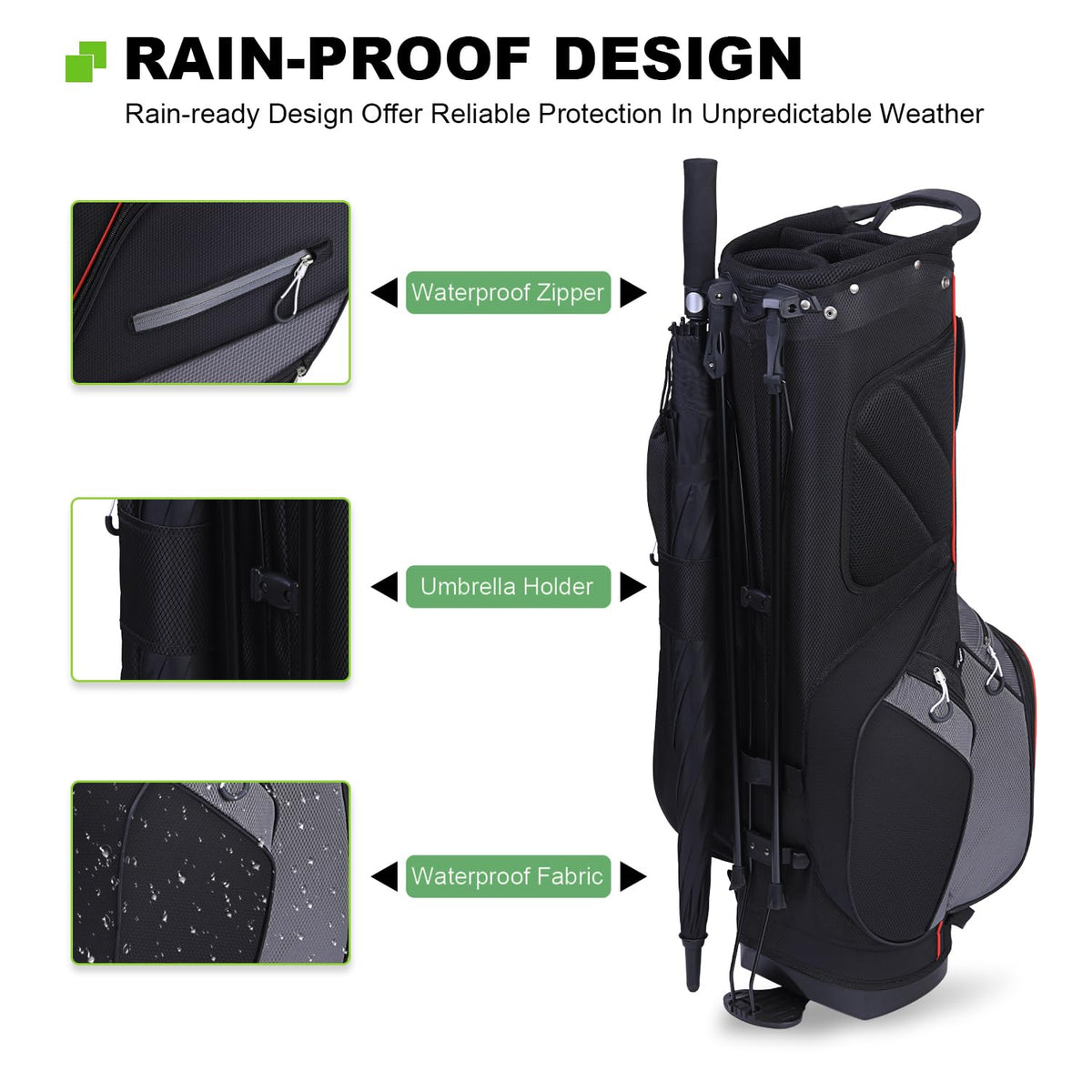 MAZEL waterproof durable polyester protects clubs in wet weather.