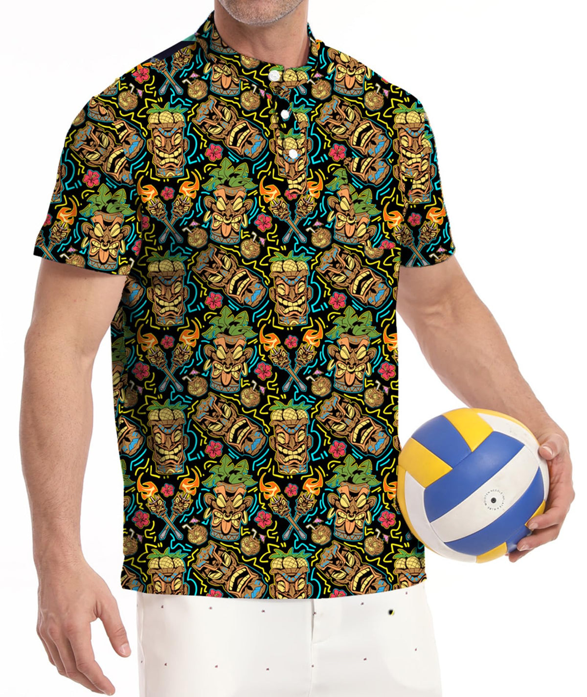 MDLBNSI Hawaiian-inspired golf shirt, bright color for summer outings.