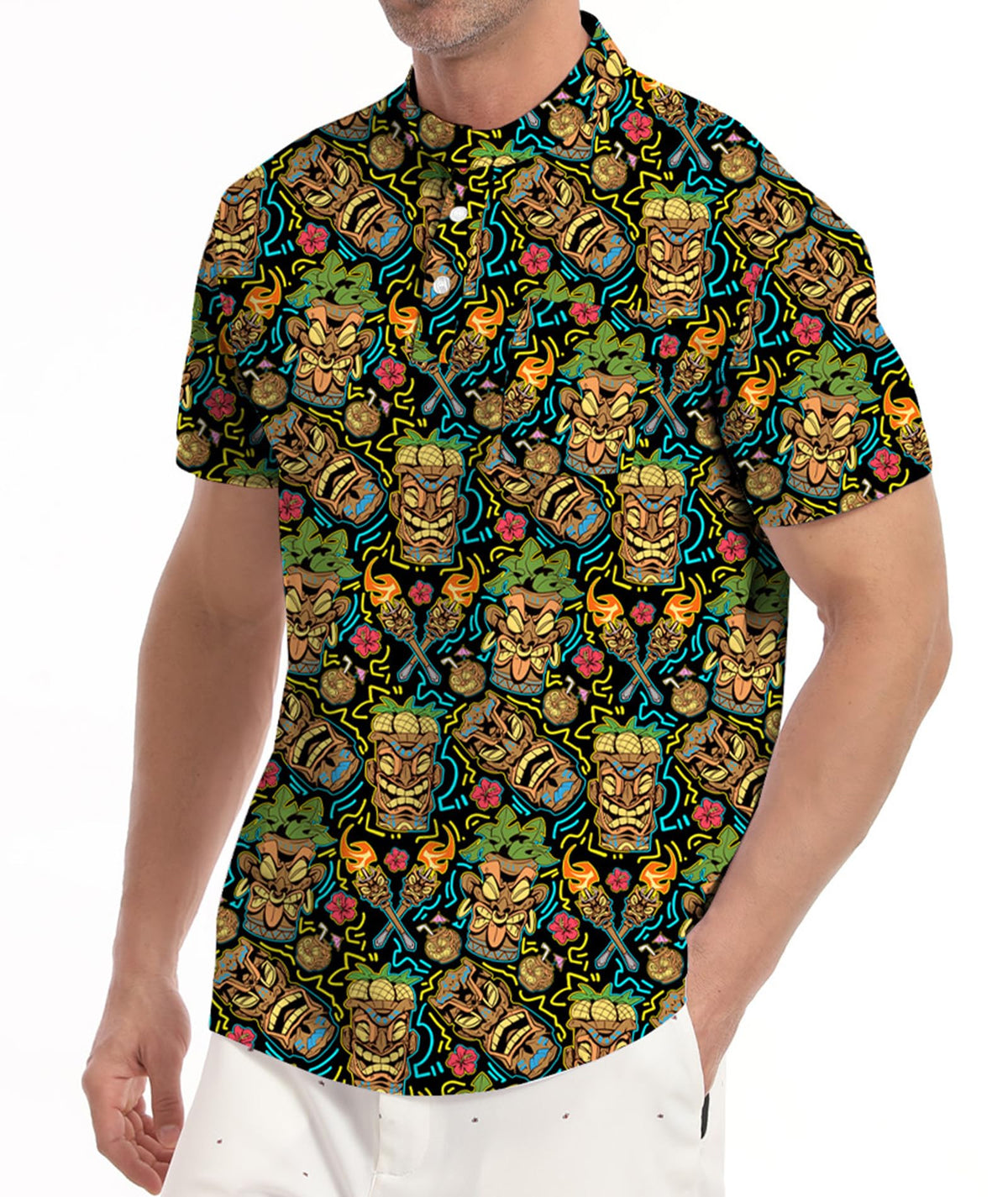 MDLBNSI tropical collarless golf shirt with palm design, ideal for beach days.