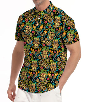MDLBNSI tropical collarless golf shirt with palm design, ideal for beach days.