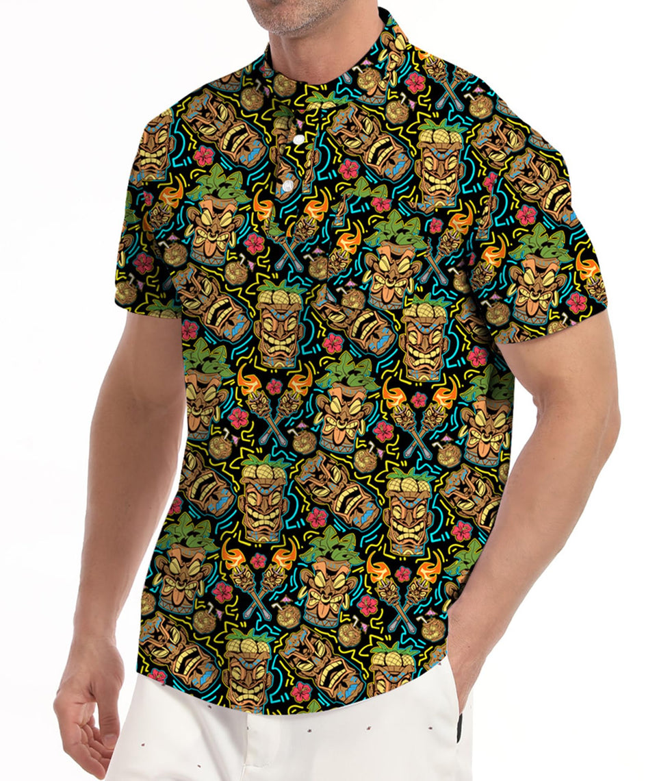 MDLBNSI tropical collarless golf shirt with palm design, ideal for beach days.