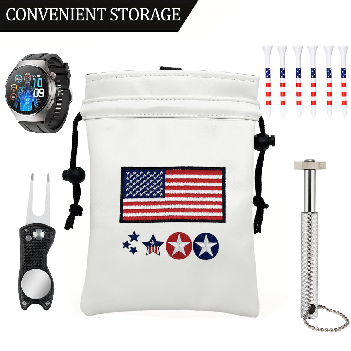 Premium PU leather MEAHILESC golf pouch offers durable storage for tees and markers.